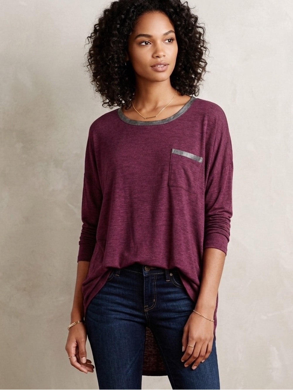 Purple Long Sleeve Top with Pocket Detail